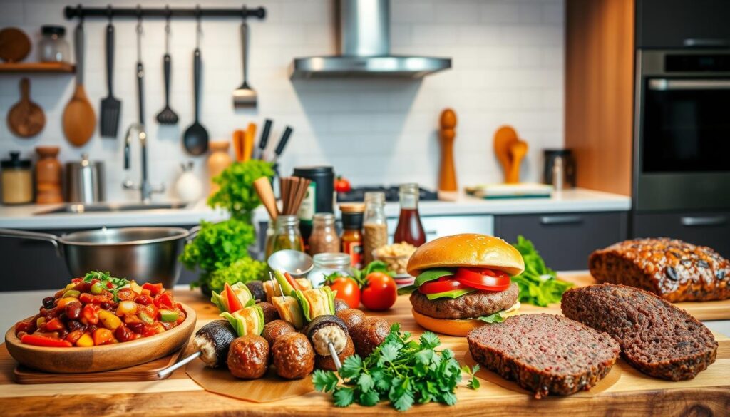A vibrant, well-lit kitchen scene showcasing an array of high-protein ground beef recipes. In the foreground, a large cutting board displays an assortment of freshly prepared dishes, each with a distinctive presentation - a hearty chili with peppers and beans, a flavorful meatball skewer, a juicy burger topped with crunchy lettuce and tomato, and a savory meatloaf slice. In the middle ground, various cooking utensils, spices, and fresh herbs are neatly arranged, hinting at the culinary process. The background features a sleek, modern kitchen with stainless steel appliances, adding a sense of sophistication. The overall mood is one of healthy, high-protein abundance, enticing the viewer to explore these delectable ground beef recipes. A vibrant, well-lit kitchen scene showcasing an array of high-protein ground beef recipes. In the foreground, a large cutting board displays an assortment of freshly prepared dishes, each with a distinctive presentation - a hearty chili with peppers and beans, a flavorful meatball skewer, a juicy burger topped with crunchy lettuce and tomato, and a savory meatloaf slice. In the middle ground, various cooking utensils, spices, and fresh herbs are neatly arranged, hinting at the culinary process. The background features a sleek, modern kitchen with stainless steel appliances, adding a sense of sophistication. The overall mood is one of healthy, high-protein abundance, enticing the viewer to explore these delectable ground beef recipes.
