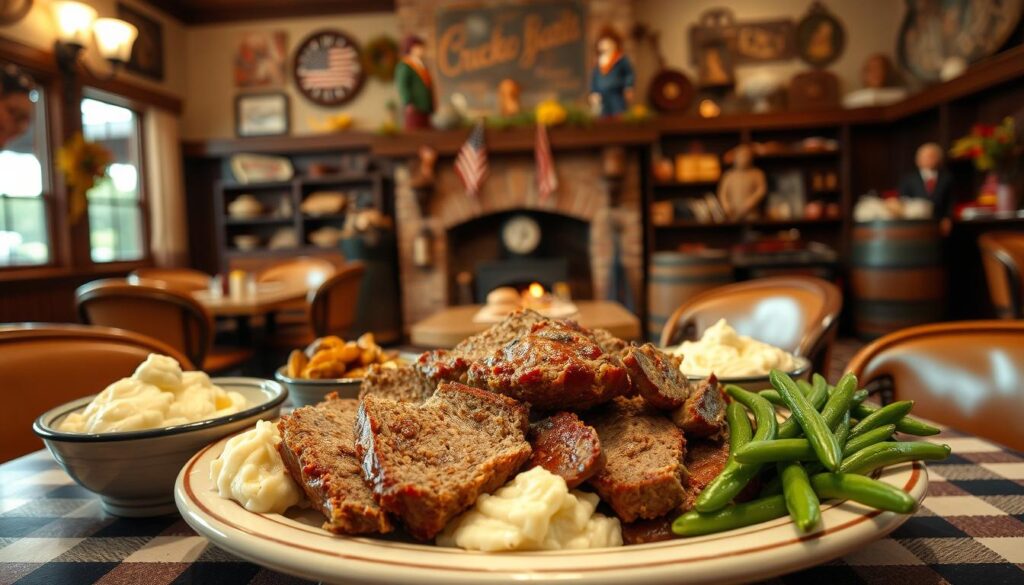 A vintage Cracker Barrel restaurant interior, filled with antique decor and Americana memorabilia. In the center, a steaming platter of homestyle meatloaf, surrounded by classic Southern sides like mashed potatoes and green beans. Warm, soft lighting from wall sconces and a cozy fireplace creates a nostalgic, inviting atmosphere. In the background, glimpses of a historic country store setting with wooden shelves, barrels, and old-fashioned knick-knacks. The scene conveys the rich history and comfort-food traditions of the beloved Cracker Barrel brand. A vintage Cracker Barrel restaurant interior, filled with antique decor and Americana memorabilia. In the center, a steaming platter of homestyle meatloaf, surrounded by classic Southern sides like mashed potatoes and green beans. Warm, soft lighting from wall sconces and a cozy fireplace creates a nostalgic, inviting atmosphere. In the background, glimpses of a historic country store setting with wooden shelves, barrels, and old-fashioned knick-knacks. The scene conveys the rich history and comfort-food traditions of the beloved Cracker Barrel brand.