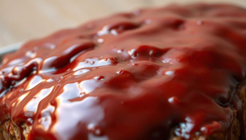 A viscous, glossy glaze glistens on a freshly baked meatloaf, its deep mahogany hue shimmering under warm, soft lighting. The surface is textured with subtle ridges and swirls, hinting at the care and attention poured into its creation. In the foreground, the glaze appears thick and sumptuous, while in the middle ground, the edges catch the light, revealing a tantalizing sheen. The background fades into a neutral, slightly blurred backdrop, allowing the star of the show - the glistening meatloaf glaze - to take center stage. The overall atmosphere is one of culinary elegance and mouthwatering anticipation, inviting the viewer to imagine the flavor and texture of this perfectly crafted meatloaf topping. A viscous, glossy glaze glistens on a freshly baked meatloaf, its deep mahogany hue shimmering under warm, soft lighting. The surface is textured with subtle ridges and swirls, hinting at the care and attention poured into its creation. In the foreground, the glaze appears thick and sumptuous, while in the middle ground, the edges catch the light, revealing a tantalizing sheen. The background fades into a neutral, slightly blurred backdrop, allowing the star of the show - the glistening meatloaf glaze - to take center stage. The overall atmosphere is one of culinary elegance and mouthwatering anticipation, inviting the viewer to imagine the flavor and texture of this perfectly crafted meatloaf topping.