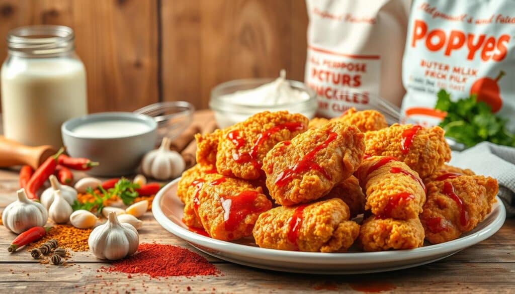 A visually appealing still life arrangement showcasing the key ingredients for the iconic Popeyes fried chicken recipe. Prominently displayed in the foreground are crisp, golden-brown chicken pieces, freshly fried to perfection and drizzled with a rich, peppery marinade. Surrounding the chicken are an assortment of seasonings, including vibrant red cayenne pepper, fragrant garlic cloves, and a variety of herbs and spices. In the middle ground, the mise en place includes a bowl of buttermilk, a wire whisk, and a bag of all-purpose flour, hinting at the preparation process. The background features a rustic wooden surface, complemented by natural lighting casting a warm, inviting glow over the scene, emphasizing the homemade, comforting nature of the Popeyes recipe. A visually appealing still life arrangement showcasing the key ingredients for the iconic Popeyes fried chicken recipe. Prominently displayed in the foreground are crisp, golden-brown chicken pieces, freshly fried to perfection and drizzled with a rich, peppery marinade. Surrounding the chicken are an assortment of seasonings, including vibrant red cayenne pepper, fragrant garlic cloves, and a variety of herbs and spices. In the middle ground, the mise en place includes a bowl of buttermilk, a wire whisk, and a bag of all-purpose flour, hinting at the preparation process. The background features a rustic wooden surface, complemented by natural lighting casting a warm, inviting glow over the scene, emphasizing the homemade, comforting nature of the Popeyes recipe.