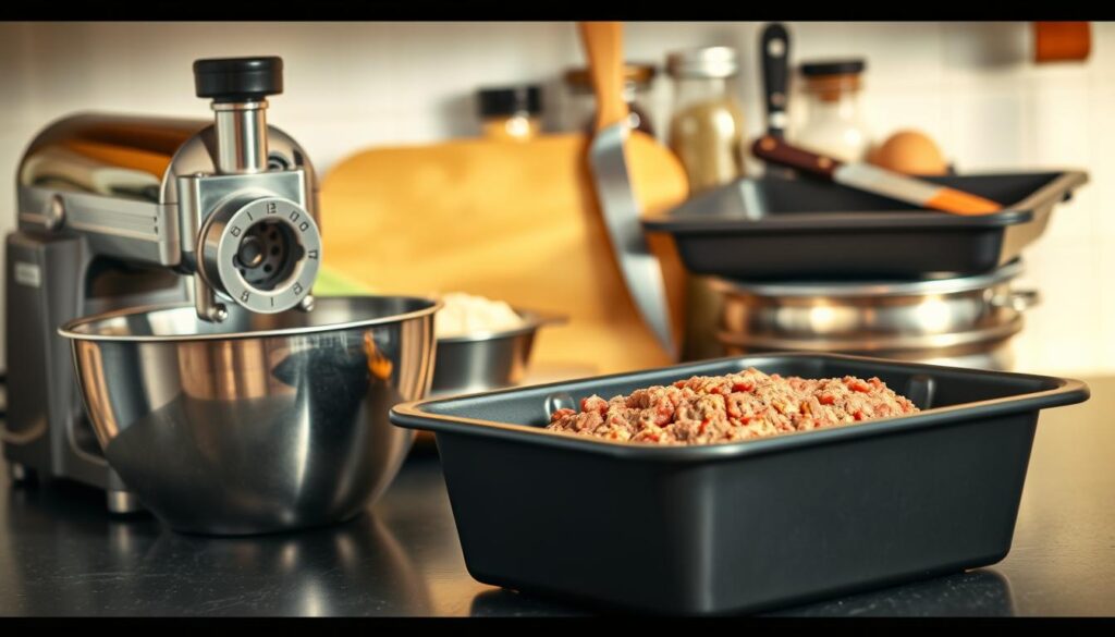 A well-lit, high-resolution photograph of a kitchen counter or table top, arranged with various tools and equipment used in making a classic meatloaf. In the foreground, a stainless steel mixing bowl, a meat grinder or mincer, and a baking pan or loaf tin. In the middle ground, a chef's knife, a cutting board, and a brush for glazing. In the background, spices, herbs, and other seasonings in glass jars or bowls. The lighting is warm and natural, creating a cozy, homemade atmosphere. The focus is crisp, and the depth of field is moderate, gently blurring the background to emphasize the central equipment. A well-lit, high-resolution photograph of a kitchen counter or table top, arranged with various tools and equipment used in making a classic meatloaf. In the foreground, a stainless steel mixing bowl, a meat grinder or mincer, and a baking pan or loaf tin. In the middle ground, a chef's knife, a cutting board, and a brush for glazing. In the background, spices, herbs, and other seasonings in glass jars or bowls. The lighting is warm and natural, creating a cozy, homemade atmosphere. The focus is crisp, and the depth of field is moderate, gently blurring the background to emphasize the central equipment.