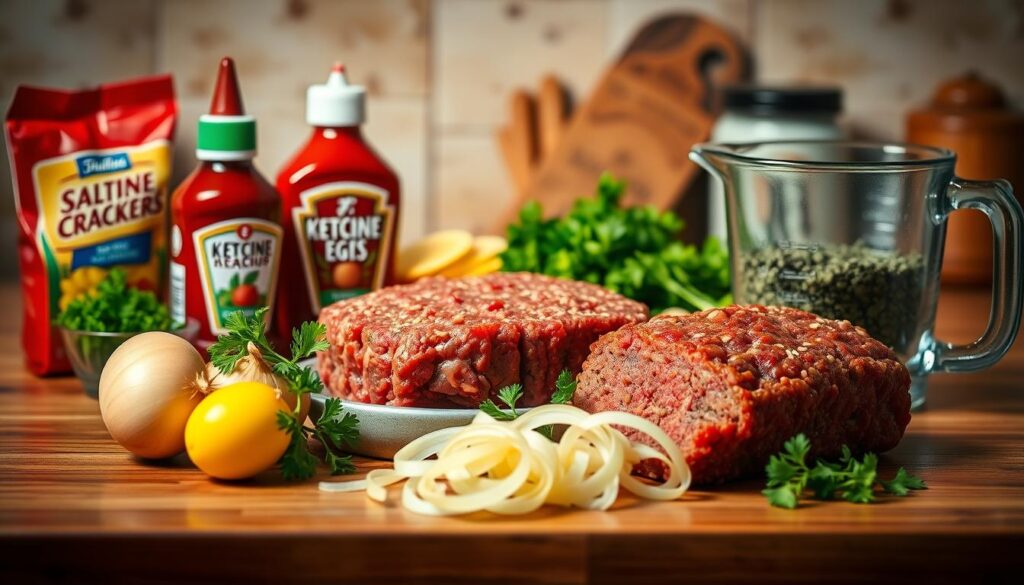 A well-lit kitchen counter, neatly arranged with the essential ingredients for a classic meatloaf: a package of ground beef, a carton of eggs, a sleeve of saltine crackers, a jar of ketchup, a yellow onion, a bundle of fresh parsley, a shaker of dried oregano, and a glass measuring cup. The ingredients are captured in a high-resolution, close-up photograph using a 50mm lens, with a shallow depth of field that gently blurs the background. The lighting is soft and even, creating warm, inviting shadows that accentuate the textures and colors of the ingredients. An atmosphere of homely, rustic comfort pervades the scene, hinting at the comforting meal to come. A well-lit kitchen counter, neatly arranged with the essential ingredients for a classic meatloaf: a package of ground beef, a carton of eggs, a sleeve of saltine crackers, a jar of ketchup, a yellow onion, a bundle of fresh parsley, a shaker of dried oregano, and a glass measuring cup. The ingredients are captured in a high-resolution, close-up photograph using a 50mm lens, with a shallow depth of field that gently blurs the background. The lighting is soft and even, creating warm, inviting shadows that accentuate the textures and colors of the ingredients. An atmosphere of homely, rustic comfort pervades the scene, hinting at the comforting meal to come.