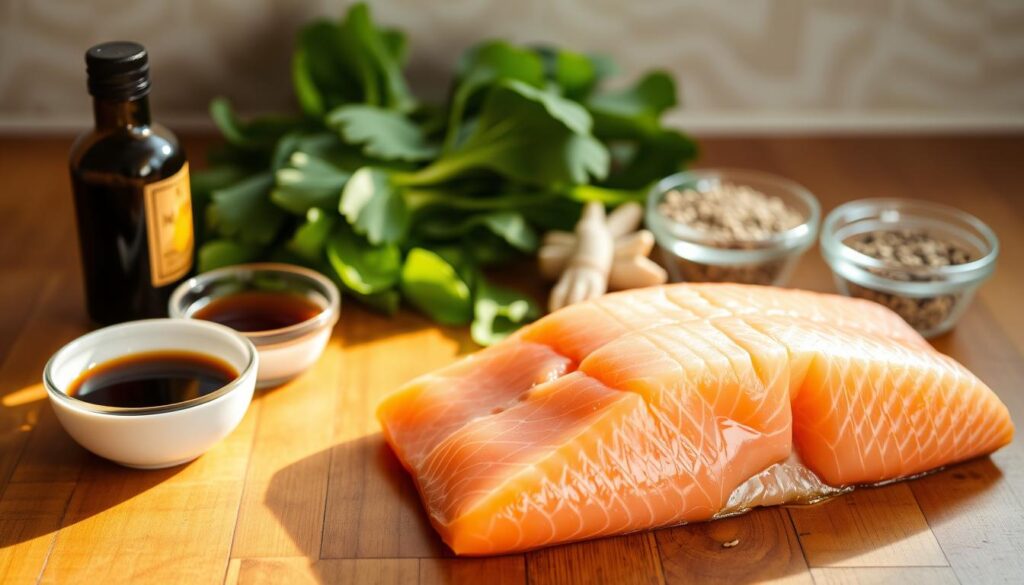 A wooden table is bathed in warm, natural light, showcasing an assortment of ingredients for a miso salmon dish. In the foreground, a fresh salmon fillet glistens, surrounded by small bowls of miso paste, mirin, soy sauce, and sesame seeds. In the middle ground, leafy green vegetables, such as bok choy or spinach, add a vibrant pop of color. The background features a neutral-toned backsplash, allowing the focus to remain on the delectable ingredients. The scene evokes a sense of simplicity and culinary expertise, capturing the essence of the "Easy Miso Salmon Recipe for a Quick Weeknight Dinner." A wooden table is bathed in warm, natural light, showcasing an assortment of ingredients for a miso salmon dish. In the foreground, a fresh salmon fillet glistens, surrounded by small bowls of miso paste, mirin, soy sauce, and sesame seeds. In the middle ground, leafy green vegetables, such as bok choy or spinach, add a vibrant pop of color. The background features a neutral-toned backsplash, allowing the focus to remain on the delectable ingredients. The scene evokes a sense of simplicity and culinary expertise, capturing the essence of the "Easy Miso Salmon Recipe for a Quick Weeknight Dinner."