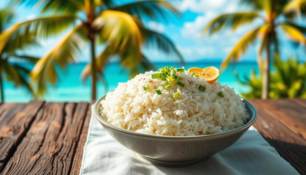 A wooden table with a white tablecloth, featuring a large bowl of steaming long rice, garnished with fresh green onions, ginger slices, and a sprinkle of sesame seeds. The rice is arranged in an artful, visually appealing manner, with light reflecting off the individual grains. In the background, a blurred tropical landscape with swaying palm trees and a vibrant blue sky creates an inviting, island-inspired atmosphere. The lighting is soft and natural, accentuating the textures and colors of the ingredients. The overall scene conveys a sense of simplicity, authenticity, and mouthwatering appeal. A wooden table with a white tablecloth, featuring a large bowl of steaming long rice, garnished with fresh green onions, ginger slices, and a sprinkle of sesame seeds. The rice is arranged in an artful, visually appealing manner, with light reflecting off the individual grains. In the background, a blurred tropical landscape with swaying palm trees and a vibrant blue sky creates an inviting, island-inspired atmosphere. The lighting is soft and natural, accentuating the textures and colors of the ingredients. The overall scene conveys a sense of simplicity, authenticity, and mouthwatering appeal.