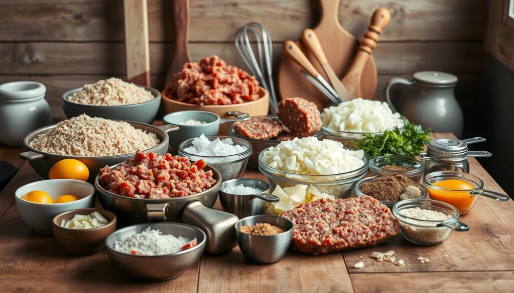 Arrangement of freshly prepared meatloaf ingredients on a rustic wooden table. Foreground showcases various ground meats, breadcrumbs, eggs, onions, garlic, and seasonings in bowls and measuring cups. Middle ground features a few kitchen utensils like a whisk and spatula. Background has a subtle natural lighting, creating warm tones and gentle shadows to enhance the homemade feel. The overall composition evokes a welcoming, homey atmosphere suitable for a classic family recipe. Arrangement of freshly prepared meatloaf ingredients on a rustic wooden table. Foreground showcases various ground meats, breadcrumbs, eggs, onions, garlic, and seasonings in bowls and measuring cups. Middle ground features a few kitchen utensils like a whisk and spatula. Background has a subtle natural lighting, creating warm tones and gentle shadows to enhance the homemade feel. The overall composition evokes a welcoming, homey atmosphere suitable for a classic family recipe.