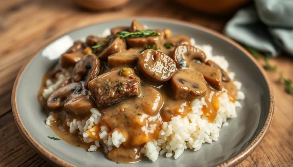 Beef tips glistening in a creamy mushroom sauce, nestled atop a bed of fluffy white rice. The savory aroma fills the air, enticing the senses. Warm lighting casts a soft glow, highlighting the rich, velvety texture of the sauce. Sliced mushrooms and aromatic herbs add depth and complexity to the dish. A clean, rustic tabletop provides the perfect backdrop, emphasizing the homemade, comforting nature of this essential meal. Captured with a shallow depth of field, drawing the viewer's focus to the star of the dish. A mouthwatering representation of the "Savory and Simple No Peek Beef Tips Recipe with Gravy." Beef tips glistening in a creamy mushroom sauce, nestled atop a bed of fluffy white rice. The savory aroma fills the air, enticing the senses. Warm lighting casts a soft glow, highlighting the rich, velvety texture of the sauce. Sliced mushrooms and aromatic herbs add depth and complexity to the dish. A clean, rustic tabletop provides the perfect backdrop, emphasizing the homemade, comforting nature of this essential meal. Captured with a shallow depth of field, drawing the viewer's focus to the star of the dish. A mouthwatering representation of the "Savory and Simple No Peek Beef Tips Recipe with Gravy."