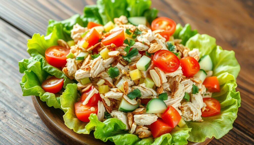 Healthy and vibrant chicken salad, freshly prepared on a rustic wooden table. Crisp romaine lettuce leaves form the base, topped with succulent shredded chicken, halved grape tomatoes, diced celery, and slivers of crunchy cucumber. Sprinkled throughout are toasted sliced almonds and a sprinkling of chopped parsley, adding texture and flavor. The salad is dressed in a light, creamy vinaigrette, glistening under soft, natural lighting. The overall composition is clean and appetizing, capturing the essence of a nutritious and satisfying meal. Healthy and vibrant chicken salad, freshly prepared on a rustic wooden table. Crisp romaine lettuce leaves form the base, topped with succulent shredded chicken, halved grape tomatoes, diced celery, and slivers of crunchy cucumber. Sprinkled throughout are toasted sliced almonds and a sprinkling of chopped parsley, adding texture and flavor. The salad is dressed in a light, creamy vinaigrette, glistening under soft, natural lighting. The overall composition is clean and appetizing, capturing the essence of a nutritious and satisfying meal.