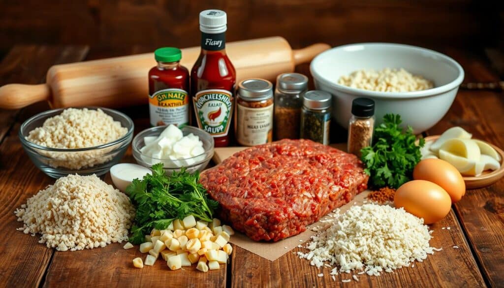 Mouthwatering array of meatloaf ingredients laid out on a rustic wooden table. In the foreground, tender ground beef, breadcrumbs, and beaten eggs. Surrounding them, diced onions, minced garlic, and fresh parsley. In the middle, a bottle of ketchup, a jar of Worcestershire sauce, and a sprinkle of savory spices. In the background, a rolling pin and a mixing bowl, ready to bring this classic recipe to life. Warm, golden lighting casts a comforting glow, capturing the essence of a homemade meatloaf dish. Mouthwatering array of meatloaf ingredients laid out on a rustic wooden table. In the foreground, tender ground beef, breadcrumbs, and beaten eggs. Surrounding them, diced onions, minced garlic, and fresh parsley. In the middle, a bottle of ketchup, a jar of Worcestershire sauce, and a sprinkle of savory spices. In the background, a rolling pin and a mixing bowl, ready to bring this classic recipe to life. Warm, golden lighting casts a comforting glow, capturing the essence of a homemade meatloaf dish.