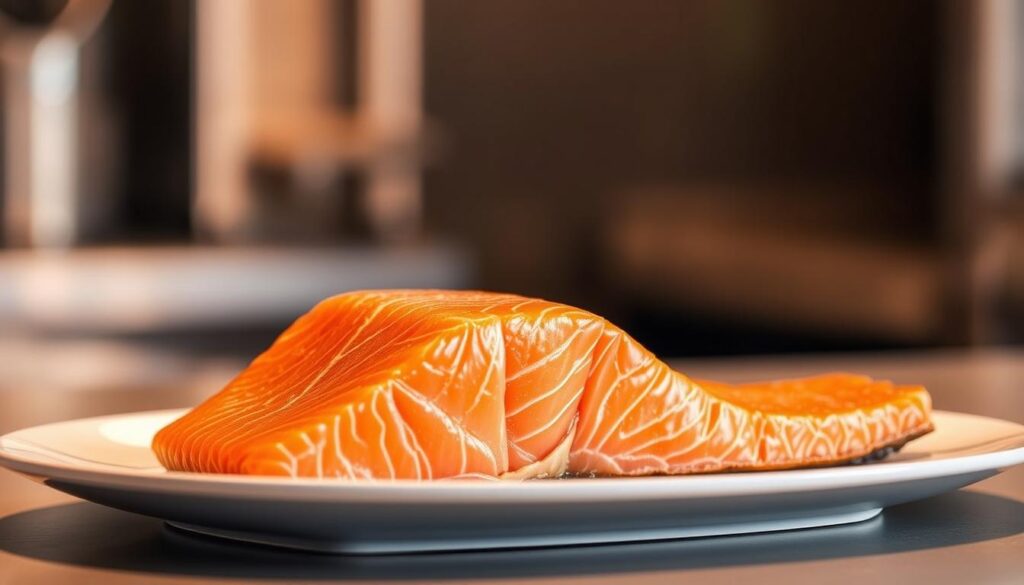 A majestic king salmon fillet, its rich orange hue glistening under the warm, golden light of a professional kitchen. The flesh is perfectly flaky, showcasing the fish's distinctive, buttery texture. The fillet is presented atop a sleek, modern plate, highlighting its elegant, sculptural form. The background is a softly blurred, neutral color, allowing the salmon to take center stage. The overall composition conveys a sense of refinement and culinary expertise, befitting the image's role in an article about restaurant-worthy salmon recipes. A majestic king salmon fillet, its rich orange hue glistening under the warm, golden light of a professional kitchen. The flesh is perfectly flaky, showcasing the fish's distinctive, buttery texture. The fillet is presented atop a sleek, modern plate, highlighting its elegant, sculptural form. The background is a softly blurred, neutral color, allowing the salmon to take center stage. The overall composition conveys a sense of refinement and culinary expertise, befitting the image's role in an article about restaurant-worthy salmon recipes.