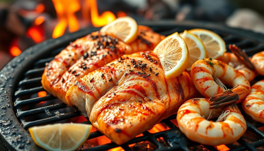 A mouth-watering close-up of perfectly grilled salmon and shrimp, sizzling on a rustic wood-fired grill, with glowing embers in the background. The seafood is adorned with a light seasoning of salt, pepper, and fresh lemon wedges, creating a vibrant, summer-inspired palette. Soft, warm lighting casts a golden glow, highlighting the caramelized edges and tender, flaky textures. The image conveys a sense of casual elegance, inviting the viewer to imagine the delectable flavors and the joyful experience of an outdoor barbecue. A mouth-watering close-up of perfectly grilled salmon and shrimp, sizzling on a rustic wood-fired grill, with glowing embers in the background. The seafood is adorned with a light seasoning of salt, pepper, and fresh lemon wedges, creating a vibrant, summer-inspired palette. Soft, warm lighting casts a golden glow, highlighting the caramelized edges and tender, flaky textures. The image conveys a sense of casual elegance, inviting the viewer to imagine the delectable flavors and the joyful experience of an outdoor barbecue.