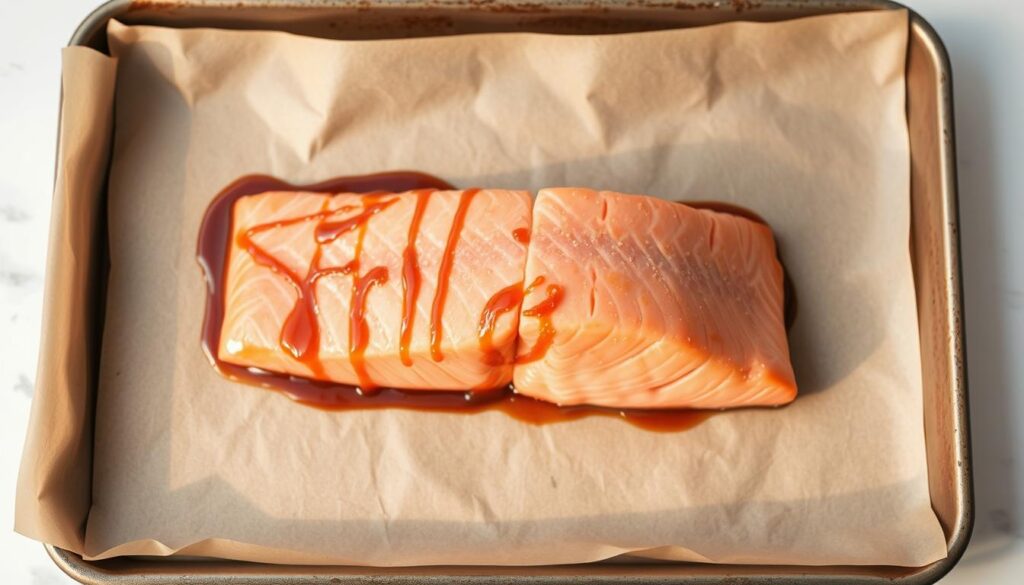 A neatly arranged salmon fillet, skin side up, resting on a sheet pan lined with parchment paper. The fillet is drizzled with a glossy glaze, its surface glistening under warm, soft lighting, casting gentle shadows. The salmon's rich, pink hue is accentuated, contrasting beautifully against the neutral tones of the baking sheet and parchment. The composition is centered, allowing the fillet to be the focal point, showcased in a professional, culinary-inspired setting. A clean, minimalist background provides an elegant and uncluttered environment, heightening the dish's visual appeal. A neatly arranged salmon fillet, skin side up, resting on a sheet pan lined with parchment paper. The fillet is drizzled with a glossy glaze, its surface glistening under warm, soft lighting, casting gentle shadows. The salmon's rich, pink hue is accentuated, contrasting beautifully against the neutral tones of the baking sheet and parchment. The composition is centered, allowing the fillet to be the focal point, showcased in a professional, culinary-inspired setting. A clean, minimalist background provides an elegant and uncluttered environment, heightening the dish's visual appeal.