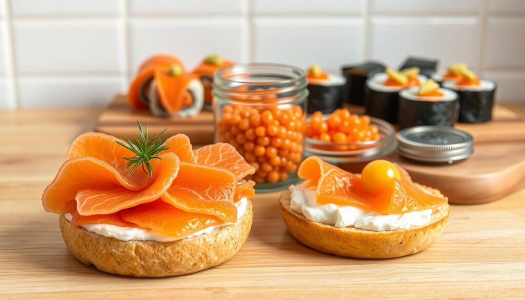 A neatly arranged still life showcasing a variety of delectable cold smoked salmon dishes. In the foreground, a freshly sliced bagel topped with creamy chive cream cheese and thin slices of glistening salmon. Behind it, a wooden board displaying sushi rolls wrapped in nori, garnished with pickled ginger and wasabi. In the middle ground, a glass jar filled with salmon roe glistening under soft, natural lighting. In the background, a backdrop of simple white tiles complements the earthy tones of the wooden surfaces, creating a soothing, minimalist ambiance that highlights the artful presentation of these versatile cold smoked salmon recipes. A neatly arranged still life showcasing a variety of delectable cold smoked salmon dishes. In the foreground, a freshly sliced bagel topped with creamy chive cream cheese and thin slices of glistening salmon. Behind it, a wooden board displaying sushi rolls wrapped in nori, garnished with pickled ginger and wasabi. In the middle ground, a glass jar filled with salmon roe glistening under soft, natural lighting. In the background, a backdrop of simple white tiles complements the earthy tones of the wooden surfaces, creating a soothing, minimalist ambiance that highlights the artful presentation of these versatile cold smoked salmon recipes.