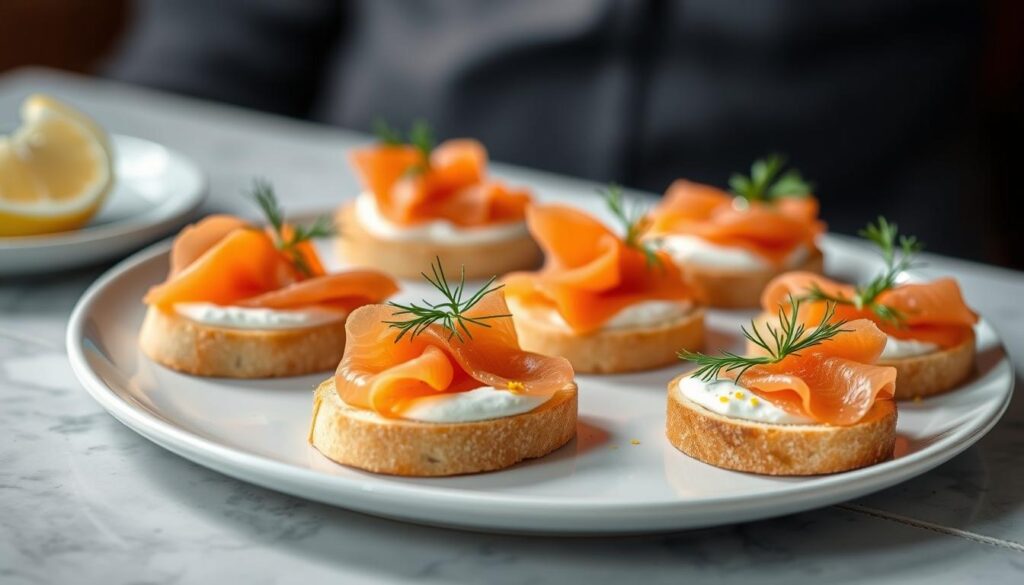 A plate of beautifully arranged smoked salmon canapés, garnished with dill fronds and a touch of lemon zest. The canapés are made with thin slices of buttery brioche toast, topped with silky ribbons of premium cold-smoked salmon and a delicate crème fraîche spread. The lighting is soft and natural, accentuating the vibrant colors and textures of the dish. The background is slightly blurred, creating a sense of elegant simplicity and drawing the viewer's attention to the carefully crafted canapés. The overall mood is refined, sophisticated, and visually appealing, capturing the essence of an "Elegant Smoked Salmon Canapés" dish. A plate of beautifully arranged smoked salmon canapés, garnished with dill fronds and a touch of lemon zest. The canapés are made with thin slices of buttery brioche toast, topped with silky ribbons of premium cold-smoked salmon and a delicate crème fraîche spread. The lighting is soft and natural, accentuating the vibrant colors and textures of the dish. The background is slightly blurred, creating a sense of elegant simplicity and drawing the viewer's attention to the carefully crafted canapés. The overall mood is refined, sophisticated, and visually appealing, capturing the essence of an "Elegant Smoked Salmon Canapés" dish.