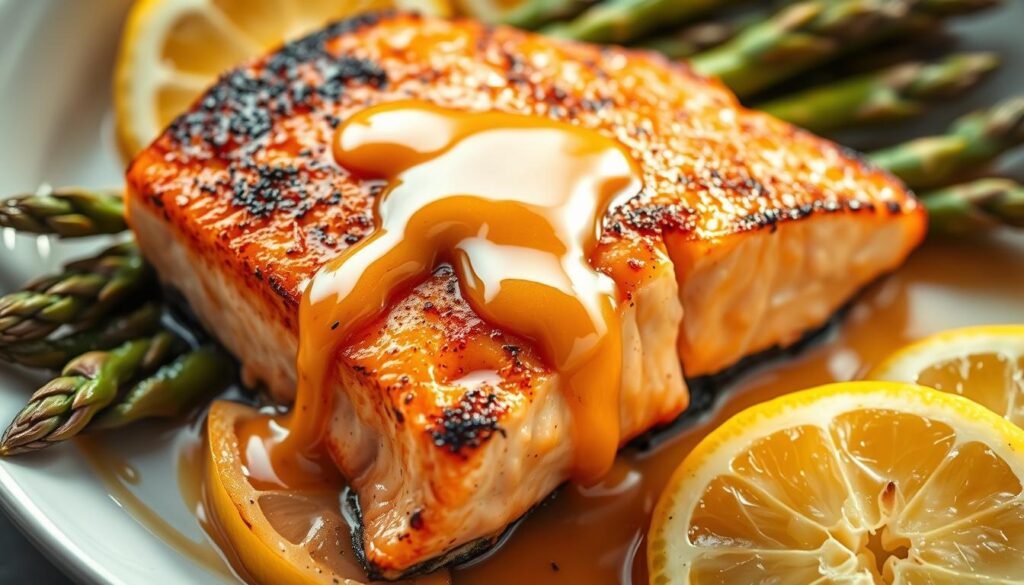A seared king salmon fillet glistening with a rich lemon butter sauce, resting on a bed of roasted asparagus and lemon wedges. The fish is cooked to perfection, with a crispy skin and moist, flaky interior. The sauce drizzles elegantly over the salmon, highlighting its vibrant orange hue. Soft, natural lighting casts a warm glow, emphasizing the dish's luxurious appearance. The scene is captured from a high, three-quarter angle, showcasing the salmon's succulent texture and the harmonious color palette. The overall mood is one of elegant simplicity, inviting the viewer to experience the ultimate king salmon recipe. A seared king salmon fillet glistening with a rich lemon butter sauce, resting on a bed of roasted asparagus and lemon wedges. The fish is cooked to perfection, with a crispy skin and moist, flaky interior. The sauce drizzles elegantly over the salmon, highlighting its vibrant orange hue. Soft, natural lighting casts a warm glow, emphasizing the dish's luxurious appearance. The scene is captured from a high, three-quarter angle, showcasing the salmon's succulent texture and the harmonious color palette. The overall mood is one of elegant simplicity, inviting the viewer to experience the ultimate king salmon recipe.