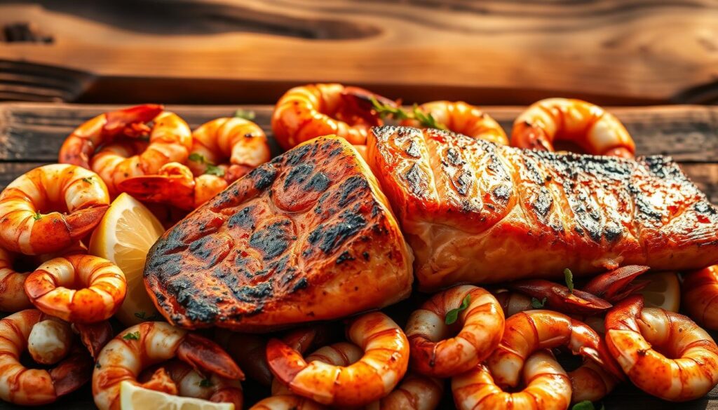 A sumptuous grilled seafood dish, featuring a succulent salmon fillet and a medley of juicy shrimp, set against a backdrop of natural wood planks. The fish and crustaceans are beautifully charred, with glistening caramelized edges that hint at their smoky, savory flavors. The arrangement is artfully composed, with the salmon and shrimp positioned in a harmonious, diagonal layout, accentuated by a scattering of fresh lemon wedges and aromatic herbs. Warm, directional lighting casts a golden glow over the scene, evoking the ambiance of a backyard summer gathering. The overall impression is one of culinary mastery and the celebration of nature's bounty, perfectly suited to illustrate the art of grilling seafood for summer entertaining. A sumptuous grilled seafood dish, featuring a succulent salmon fillet and a medley of juicy shrimp, set against a backdrop of natural wood planks. The fish and crustaceans are beautifully charred, with glistening caramelized edges that hint at their smoky, savory flavors. The arrangement is artfully composed, with the salmon and shrimp positioned in a harmonious, diagonal layout, accentuated by a scattering of fresh lemon wedges and aromatic herbs. Warm, directional lighting casts a golden glow over the scene, evoking the ambiance of a backyard summer gathering. The overall impression is one of culinary mastery and the celebration of nature's bounty, perfectly suited to illustrate the art of grilling seafood for summer entertaining.