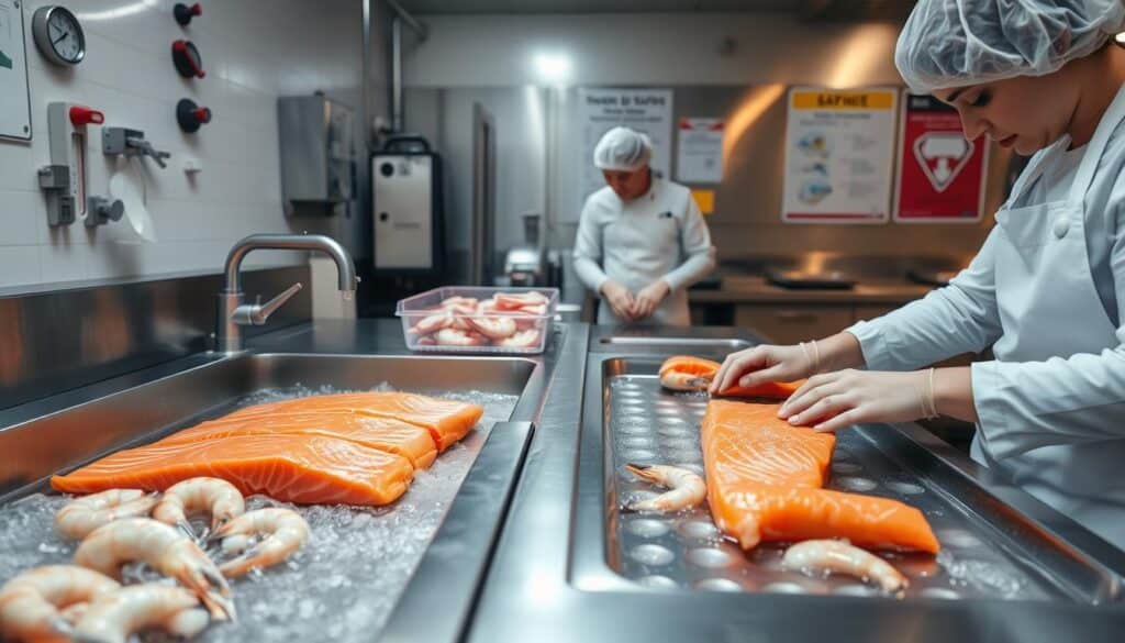 A well-lit, high-resolution image of a clean, well-organized seafood handling station. In the foreground, a person in a white apron and hairnet carefully inspects and prepares fresh salmon fillets on a stainless steel surface. In the middle ground, shrimp are being rinsed under cool running water in a large sink. In the background, various food safety equipment and signage are visible, including a thermometer, a handwashing station, and a poster highlighting proper handling procedures. The scene conveys a sense of professionalism, attention to detail, and a commitment to food safety. A well-lit, high-resolution image of a clean, well-organized seafood handling station. In the foreground, a person in a white apron and hairnet carefully inspects and prepares fresh salmon fillets on a stainless steel surface. In the middle ground, shrimp are being rinsed under cool running water in a large sink. In the background, various food safety equipment and signage are visible, including a thermometer, a handwashing station, and a poster highlighting proper handling procedures. The scene conveys a sense of professionalism, attention to detail, and a commitment to food safety.